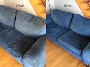 Avant après nettoyage canapé bleu à Lille — résultat TEXTYL injection-extraction